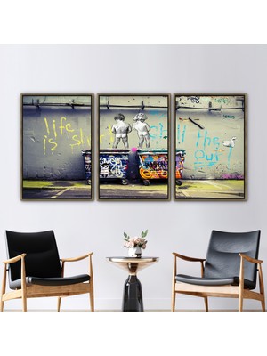 Kayra Export 3 Parçalı Gold Çerçeveli Kanvas Tablo Banksy Hayat Hediye Kanvas Sokak 3 Boyutlu Kanvas
