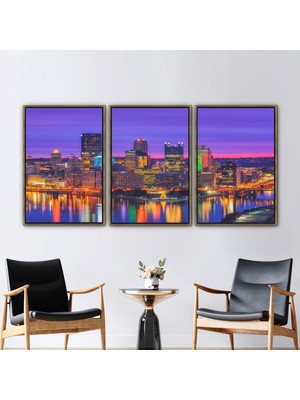 Kayra Export 3 Parçalı Gold Çerçeveli Kanvas Tablo Pittsburgh Skyline North Shore