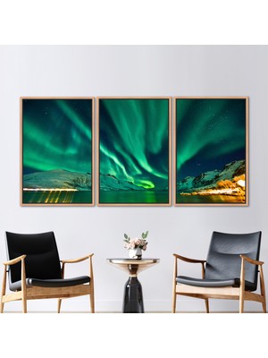 Kayra Export 3 Parçalı Naturel Çerçeveli Kanvas Tablo Aurora Manzarası Nothern Lights Duvar Süsü
