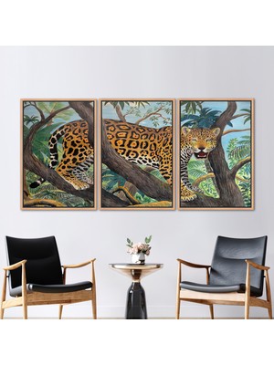 Kayra Export 3 Parçalı Naturel Çerçeveli Kanvas Tablo Leopar 3 Boyutlu Kanvas Vahşi Yaşam Manzarası Kanvas Deko