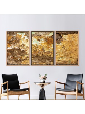 Kayra Export 3 Parçalı Naturel Çerçeveli Kanvas Tablo Soyut Sanat Sarı Kanvas Vintage Sıva Baskılı