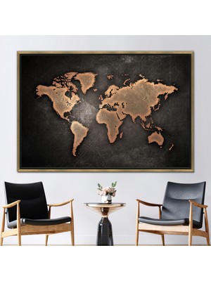 Kayra Export 1 Parça Gold Çerçeveli Kanvas Tablo Bronz Baskılı Soyut Harita Kanvas