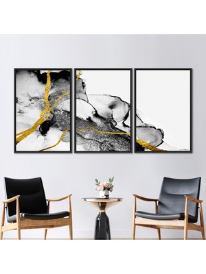 Kayra Export 3 Parçalı Siyah Çerçeveli Kanvas Tablo Çağdaş Kanvas Sanatı Alkol Mürekkebi Duvar Dekoru