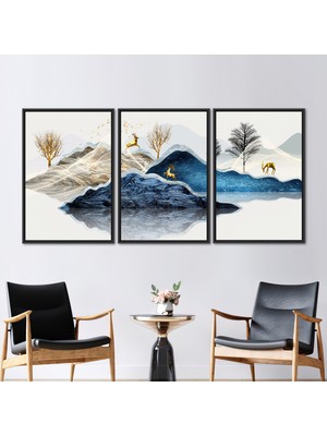 Kayra Export 3 Parçalı Siyah Çerçeveli Kanvas Tablo Dağ Posteri Altın Geyik Posteri Soyut Dağ Baskılı