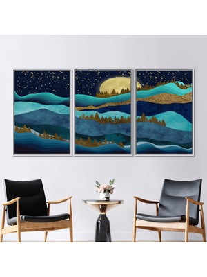 Kayra Export 3 Parçalı Beyaz Çerçeveli Kanvas Tablo Altın Orman Manzarası Doğa Manzarası Duvar Süsü