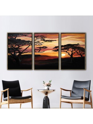 Kayra Export 3 Parçalı Gold Çerçeveli Kanvas Tablo Savannah Ağacı Resim Ağaç Peyzajı Kanvas Baskı