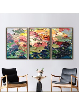 Kayra Export 3 Parçalı Gold Çerçeveli Kanvas Tablo Çağdaş Duvar Süsü Soyut Çiçek Kanvas Poster