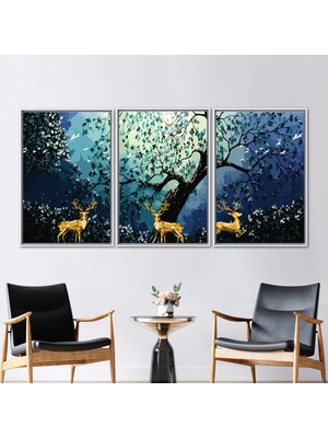 Kayra Export 3 Parçalı Beyaz Çerçeveli Kanvas Tablo Orman Duvar Süsü Manzara Kanvas Geyikler Sanat Eseri