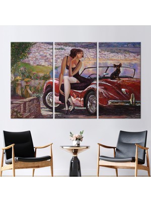 Kayra Export 3 Parçalı Kanvas Tablo Araba Baskılı Manzara Kanvas Dekor Kırmızı Araba 3 Boyutlu Kanvas