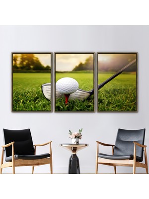 Kayra Export 3 Parçalı Gold Çerçeveli Kanvas Tablo Golf Kulübü Kanvas Poster Golf Oyuncusu Kanvas