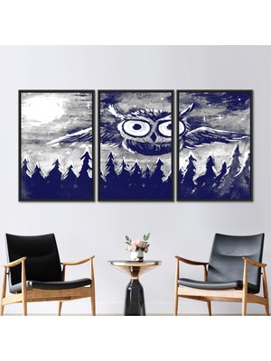 Kayra Export 3 Parçalı Siyah Çerçeveli Kanvas Tablo Kuş Kanvas Poster Hayvan Kanvas Dolunay Duvar Dekoru