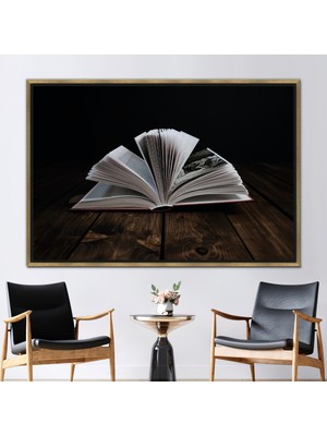 Kayra Export 1 Parça Gold Çerçeveli Kanvas Tablo Açık Kitap Duvar Süsü Kitap Sevgilisi Hediyesi Sanat Eseri