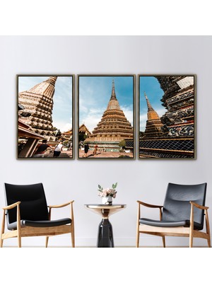 Kayra Export 3 Parçalı Gold Çerçeveli Kanvas Tablo Asya Mimarisi Baskılı Chiang Mai Kanvas Sanatı
