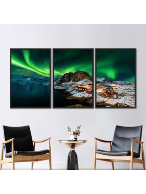 Kayra Export 3 Parçalı Siyah Çerçeveli Kanvas Tablo Northern Lights Manzarası