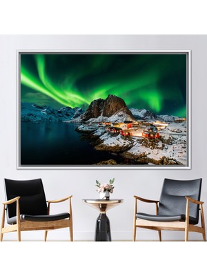 Kayra Export 1 Parça Beyaz Çerçeveli Kanvas Tablo Northern Lights Manzarası Gökyüzü Peyzajı Hediye Kanvas