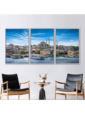 Kayra Export 3 Parçalı Beyaz Çerçeveli Kanvas Tablo Camii Kanvas Deniz Sanat Manzara Duvar Süsü