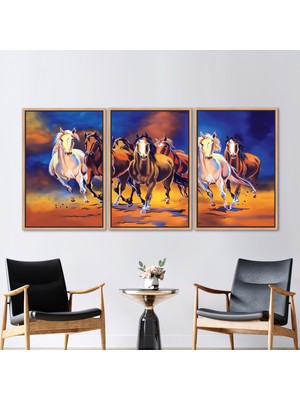 Kayra Export 3 Parçalı Naturel Çerçeveli Kanvas Tablo Beyaz At Baskılı Atlı At Baskılı