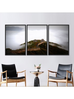 Kayra Export 3 Parçalı Siyah Çerçeveli Kanvas Tablo Çin'in Büyük Duvarı Dağ Manzarası Baskılı
