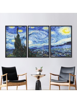 Kayra Export 3 Parçalı Siyah Çerçeveli Kanvas Tablo Yıldızlı Gece Sanat Van Gogh Kanvas Sanatı
