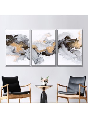 Kayra Export 3 Parçalı Beyaz Çerçeveli Kanvas Tablo Çağdaş Baskılı Altın Mermer Sanat Eseri