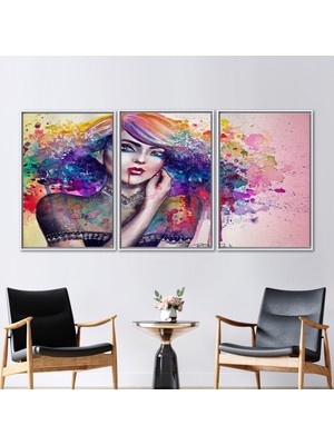 Kayra Export 3 Parçalı Beyaz Çerçeveli Kanvas Tablo Renkli Kanvas Sanatı Kadın 3 Boyutlu Kanvas