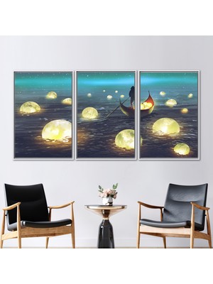 Kayra Export 3 Parçalı Beyaz Çerçeveli Kanvas Tablo Gece Duvar Dekoru Tekne 3 Boyutlu Kanvas