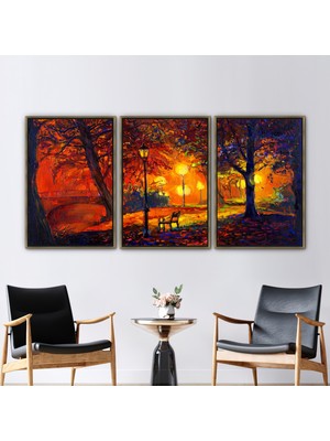 Kayra Export 3 Parçalı Gold Çerçeveli Kanvas Tablo Orman Kanvas Gece Baskılı Şehir Kanvas Poster