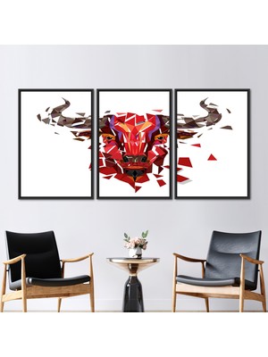 Kayra Export 3 Parçalı Siyah Çerçeveli Kanvas Tablo Hayvan Kanvas Poster Soyut 3 Boyutlu Kanvas