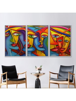 Kayra Export 3 Parçalı Beyaz Çerçeveli Kanvas Tablo Renkli Soyut Sanat Soyut Portait Hediye Kanvas