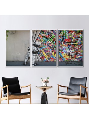 Kayra Export 3 Parçalı Beyaz Çerçeveli Kanvas Tablo Banksy Renkli Grafiti Baskılı Banksy Graffiti Sanat Eseri