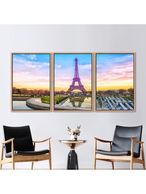 Kayra Export 3 Parçalı Naturel Çerçeveli Kanvas Tablo Landmark Sanat Manzara Sanat Eseri Paris Duvar Süsü