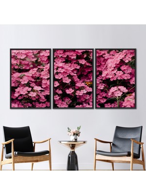 Kayra Export 3 Parçalı Siyah Çerçeveli Kanvas Tablo Çiçek Kanvas Pembe Çiçekler Kanvas Dekor Pembe Baskılı