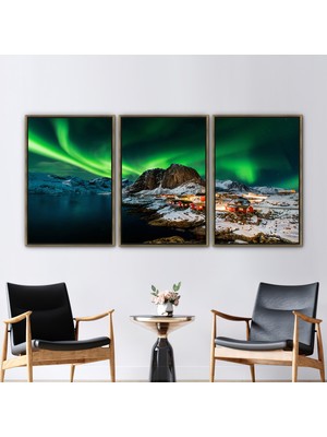 Kayra Export 3 Parçalı Gold Çerçeveli Kanvas Tablo Northern Lights Manzarası Northern Lights Kanvas Poster