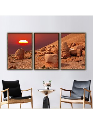 Kayra Export 3 Parçalı Gold Çerçeveli Kanvas Tablo Nemrut Dağı Baskılı Güneş Manzarası Kanvas Dekor