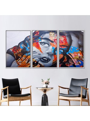 Kayra Export 3 Parçalı Beyaz Çerçeveli Kanvas Tablo Soyut Kız Kanvas Baskı Kız Portre Duvar Dekoru