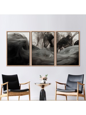 Kayra Export 3 Parçalı Naturel Çerçeveli Kanvas Tablo Soyut Siyah Posteri Sigara Kanvas Baskı Çatı Sanat Eseri