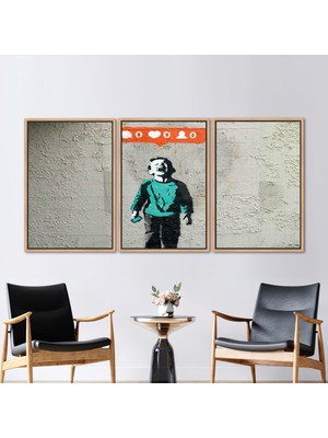 Kayra Export 3 Parçalı Naturel Çerçeveli Kanvas Tablo Banksy Sanat Soyut Posteri Düşük Sosyal Medya Kanvas Dek