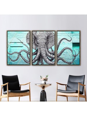 Kayra Export 3 Parçalı Gold Çerçeveli Kanvas Tablo Ahtapot ve Fil Kanvas Poster Ahtapot 3 Boyutlu Kanvas