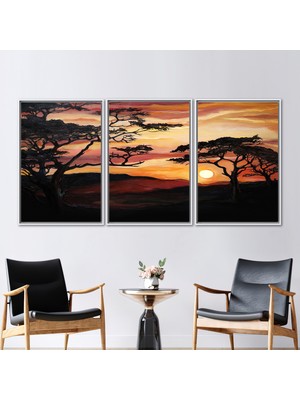 Kayra Export 3 Parçalı Beyaz Çerçeveli Kanvas Tablo Savannah Ağacı Resim Doğa Manzarası Sanat Eseri