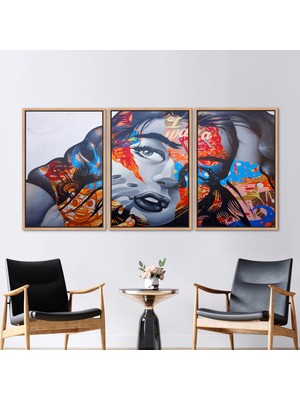 Kayra Export 3 Parçalı Naturel Çerçeveli Kanvas Tablo Soyut Kanvas Poster Soyut Kadın Duvar Dekoru