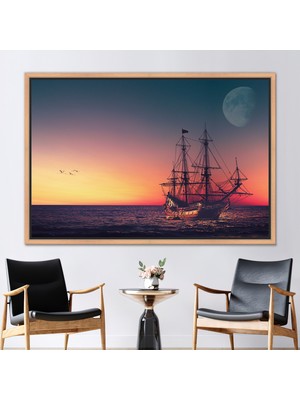 Kayra Export 1 Parça Naturel Çerçeveli Kanvas Tablo Tekne Kanvas Dekor Gün Batımı 3 Boyutlu Kanvas