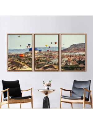 Kayra Export 3 Parçalı Naturel Çerçeveli Kanvas Tablo Hava Balonu Kanvas Baskı Kapadokya Kanvas Sanatı