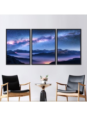 Kayra Export 3 Parçalı Siyah Çerçeveli Kanvas Tablo Doğa Duvar Süsü Uzay Sanat Eseri Galaxy Baskılı