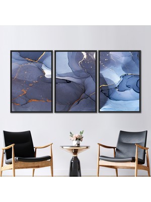 Kayra Export 3 Parçalı Siyah Çerçeveli Kanvas Tablo Mavi Kanvas Çağdaş Kanvas Dekor Modern Kanvas Baskı