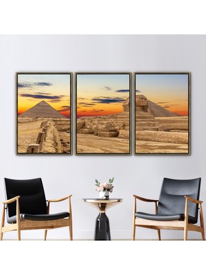 Kayra Export 3 Parçalı Gold Çerçeveli Kanvas Tablo Büyük Piramit Kanvas Baskı Güneş Görünümü Kanvas Sanatı