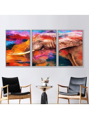 Kayra Export 3 Parçalı Beyaz Çerçeveli Kanvas Tablo Fil Sanat Eseri Modern Kanvas Poster