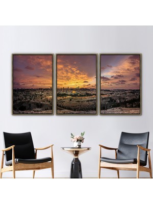 Kayra Export 3 Parçalı Gold Çerçeveli Kanvas Tablo Gün Batımı Kanvas Poster Modern Posteri