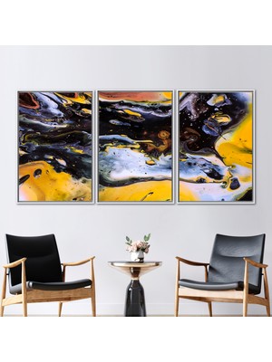 Kayra Export 3 Parçalı Beyaz Çerçeveli Kanvas Tablo Sarı Duvar Süsü Siyah Kanvas Poster Modern Kanvas