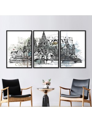 Kayra Export 3 Parçalı Siyah Çerçeveli Kanvas Tablo Görüntüleme Kanvas Baskı Şehir Kılavuzu Duvar Süsü