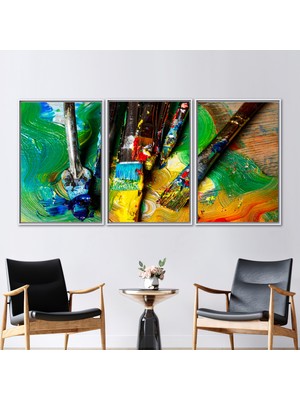 Kayra Export 3 Parçalı Beyaz Çerçeveli Kanvas Tablo Ressam Fırçaları Duvar Dekoru Soyut Kanvas Poster